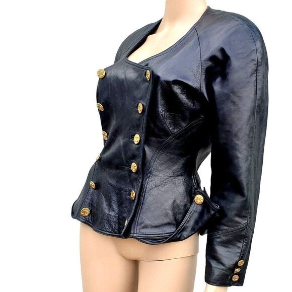 Vintage 80s Jitrois Black Lambskin Leather Military Jacket S Peplum - Picture 6 of 16